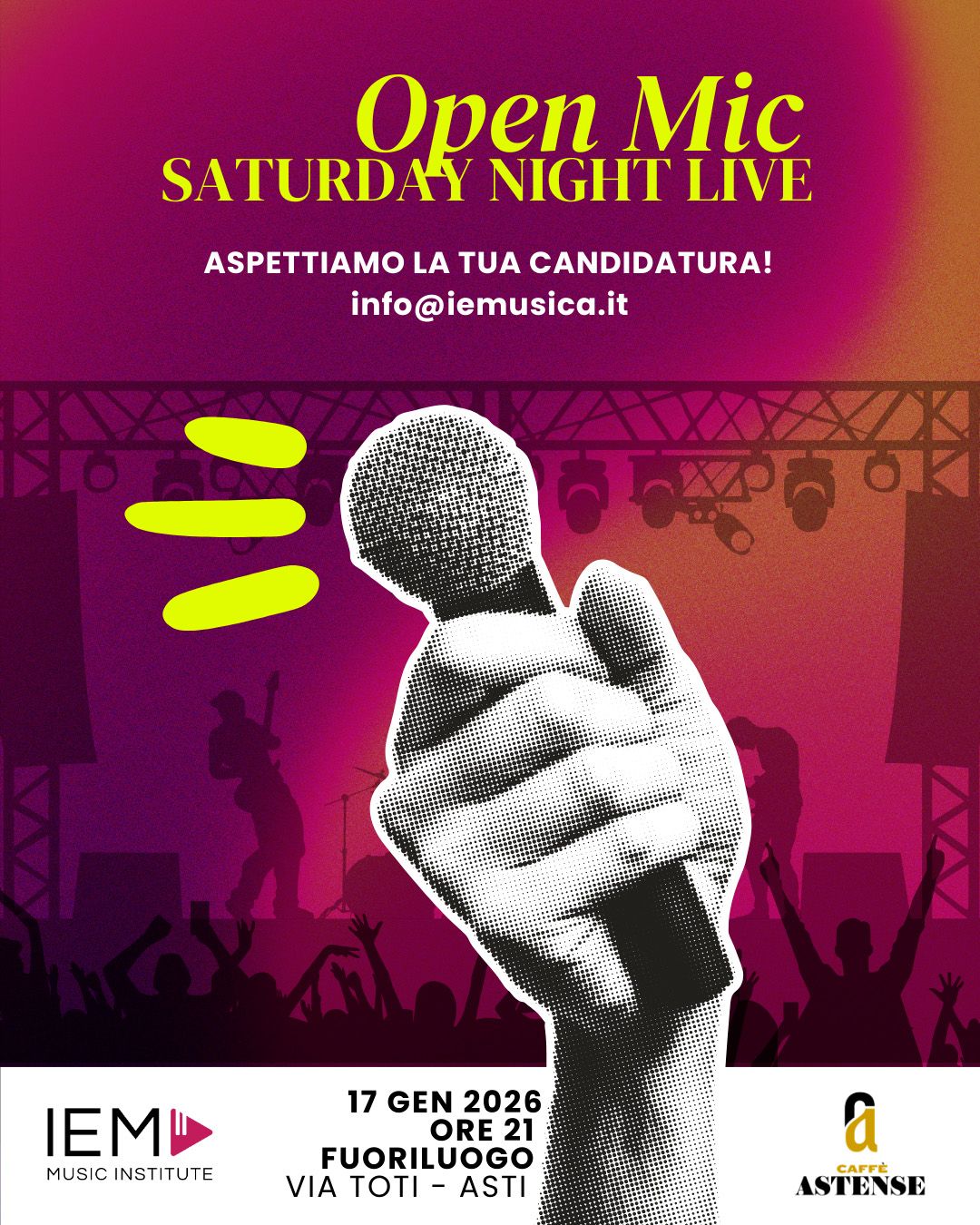 Cerchiamo: cantautori, interpreti, band, rapper, DJ, attori, cabarettisti, maghi, mentalisti, giocolieri… insomma, chiunque abbia qualcosa da dire e da mostrare!